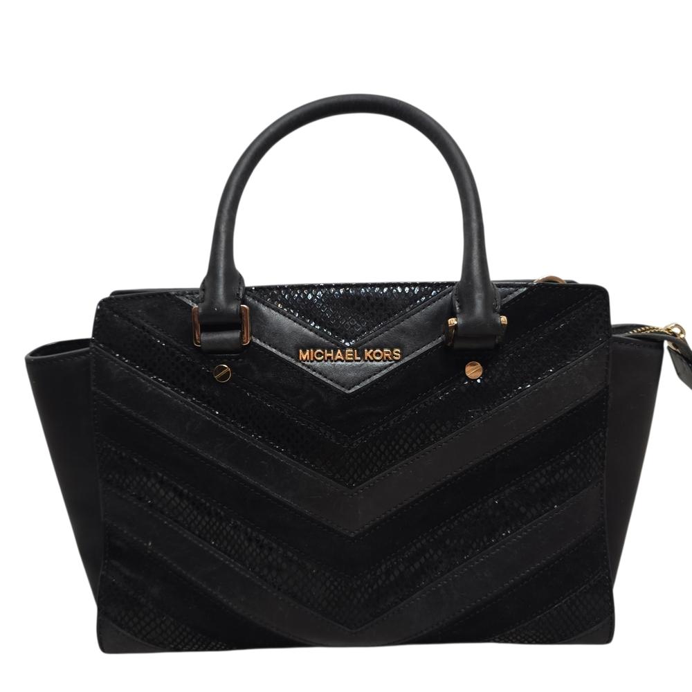 Michael Kors Selma Medium Black Suede Leather Chevron Satchel - Picture 1 of 13